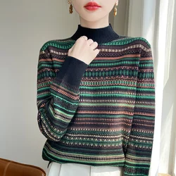 2024 autumn and winter cashmere sweater retro high neck sweater women's cashmere sweater color striped pullover top