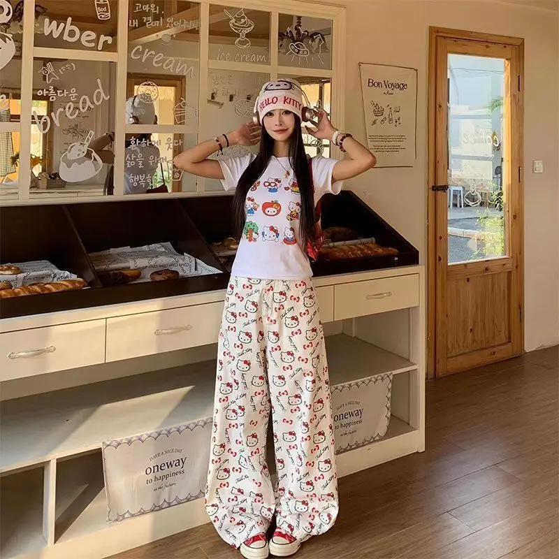 مرحبا كيتي طباعة الجينز النساء 2025 جديد الخريف بنطال ذو قصة أرجل واسعة فضفاضة الراحة بنطلون ملابس الشارع الشهير خمر Y2K موضة الاتجاه