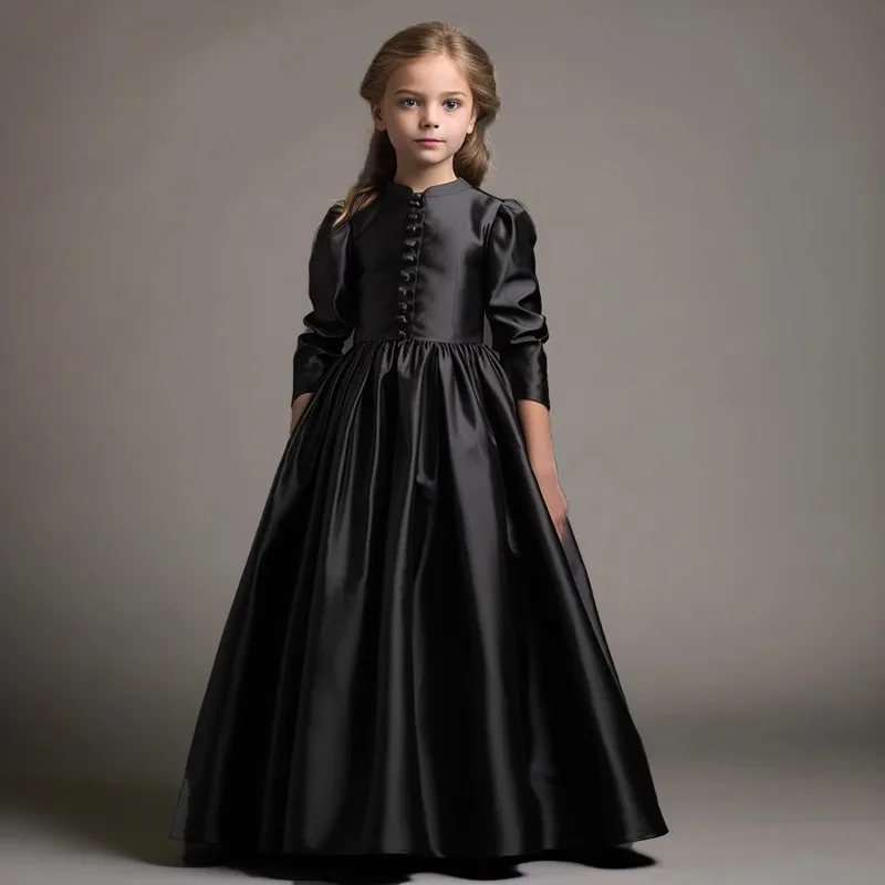 È Yiiya Abito da ragazza di fiore modesto personalizzato Vino rosso Raso Collo alto Bottoni Maniche a 3/4 A-line Lunghezza pavimento Abito per bambini T059