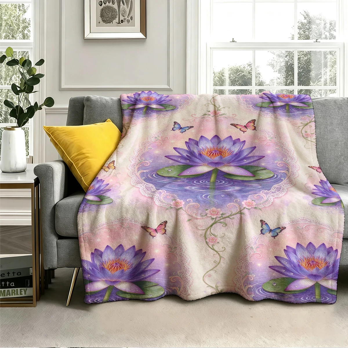 Purple Water Lily Lace Flannel Blanket Warm Soft Halloween Christmas Decorative Couch Warm Cozy All-Season Gift