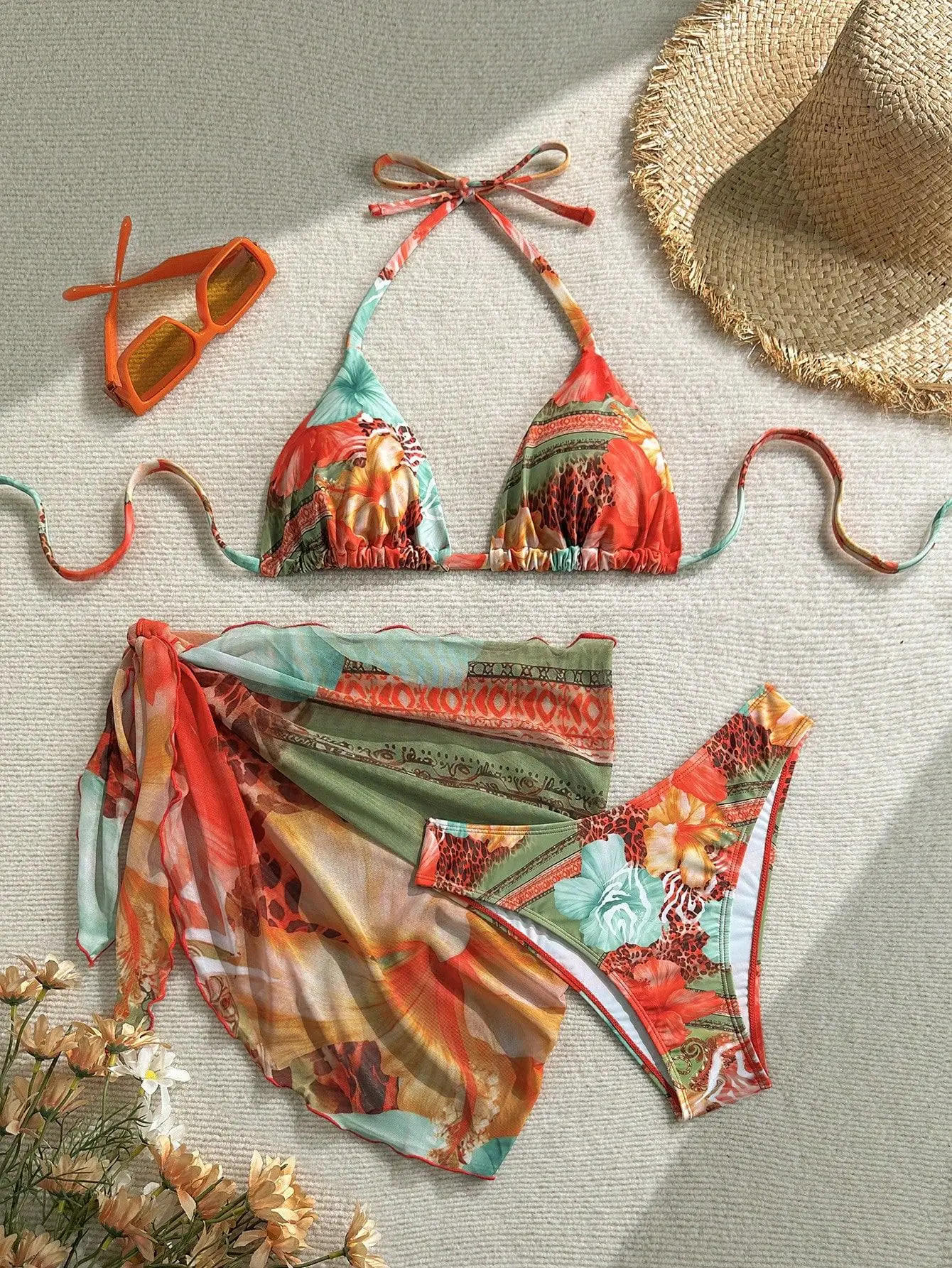 2026 3-teiliges Bikini-Trend-Set für Damen, Schürzen-Stil, vertuschender Blumendruck, verstellbare Krawatten, Badeanzug, Sommerurlaub, Blumen-Badebekleidung