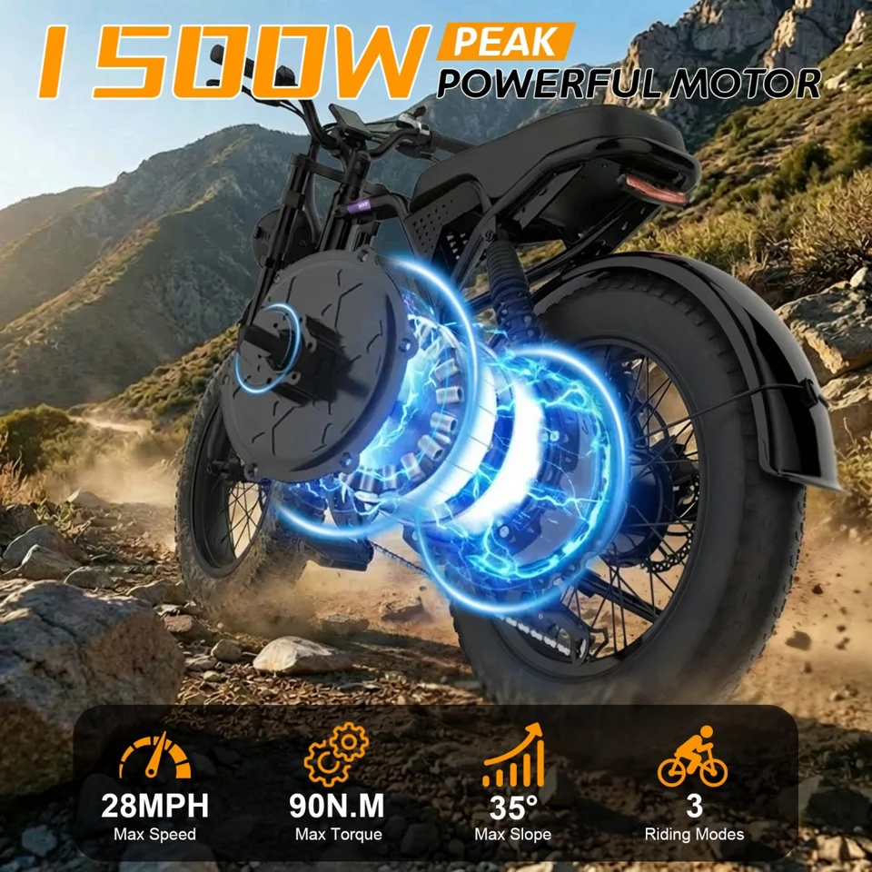 20"x4.0" Fat Tire Electric Bike Peak 1500W Motor 48V 20AH Removable Battery Full Suspension E-bike for Mountain Snow Sand Road image 9