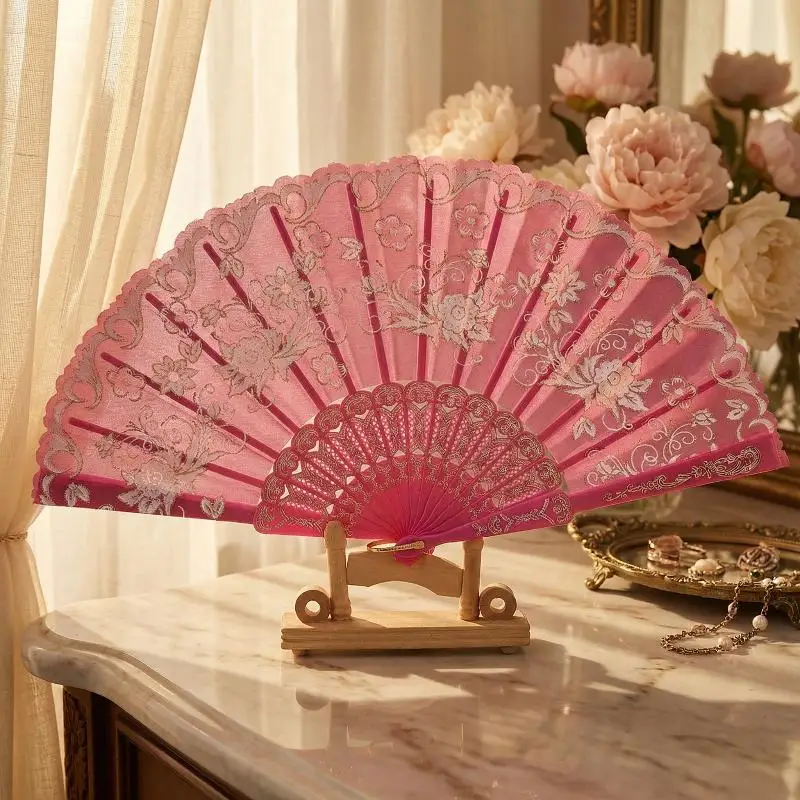 Folding Fan Chinese Vintage Style Handmade Bamboo Cloth for Women Dance Performance Costume Gift