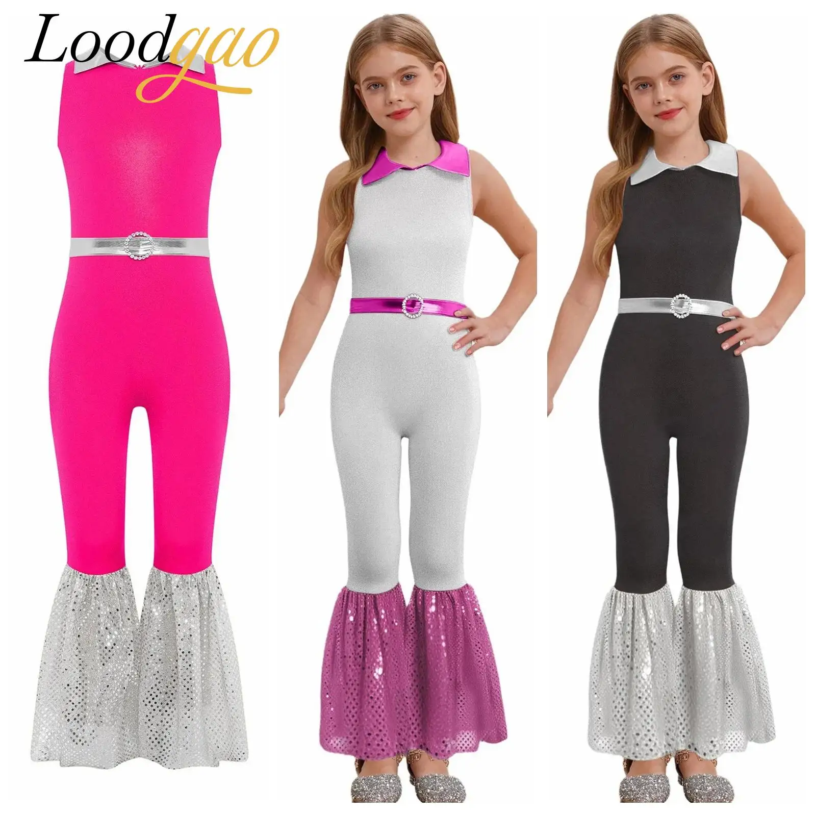 Kids Girls Disco Jumpsuit Party Dance Leotard Hippie Costume 60s 70s Party Flares Shiny Performance Clothes Sleeveless Bodysuit