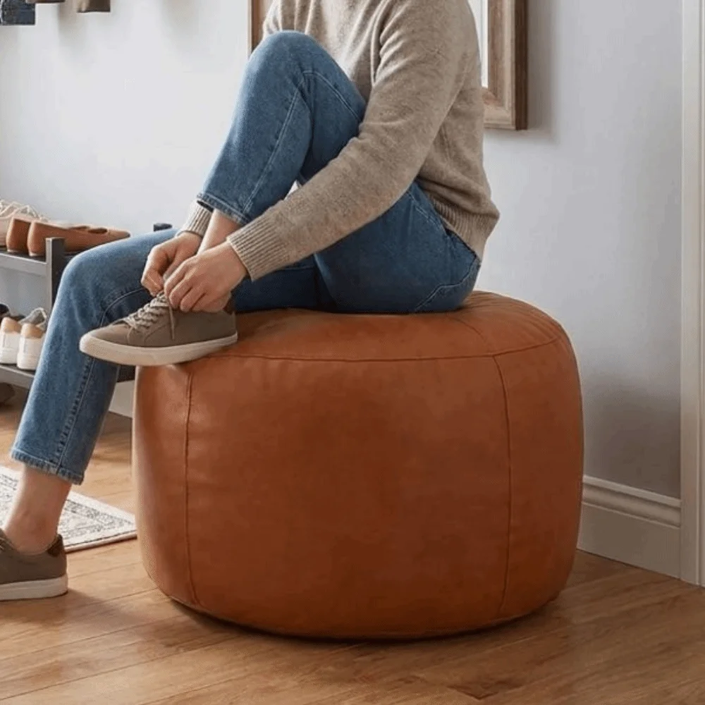 Space Saving PU Leather Seat Cushion Cover Large Capacity Minimalist Pouf Cover Round Waterproof Ottoman Seat Cover Bedroom