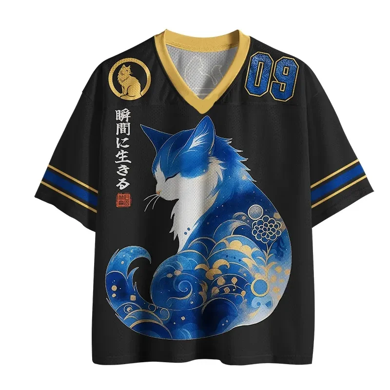 Adult and Kids Ukiyo-e Blue and Gold Cat 3D Printed Jersey, Japanese Wave Pattern American Vintage Short Sleeve