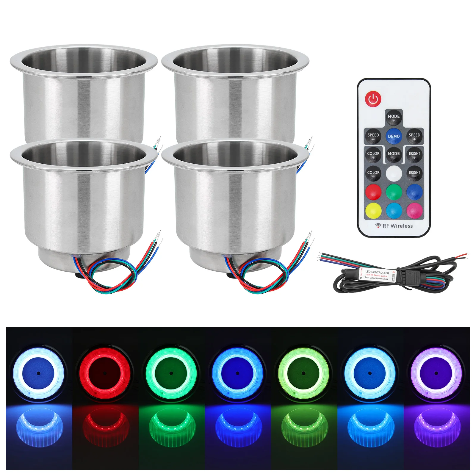 Stainless Steel Light Cup Holder 4PC/Set 14 LED Remote RGB Light Cup Drink Bottle Holder for Marine Boat Car Truck Yacht custom