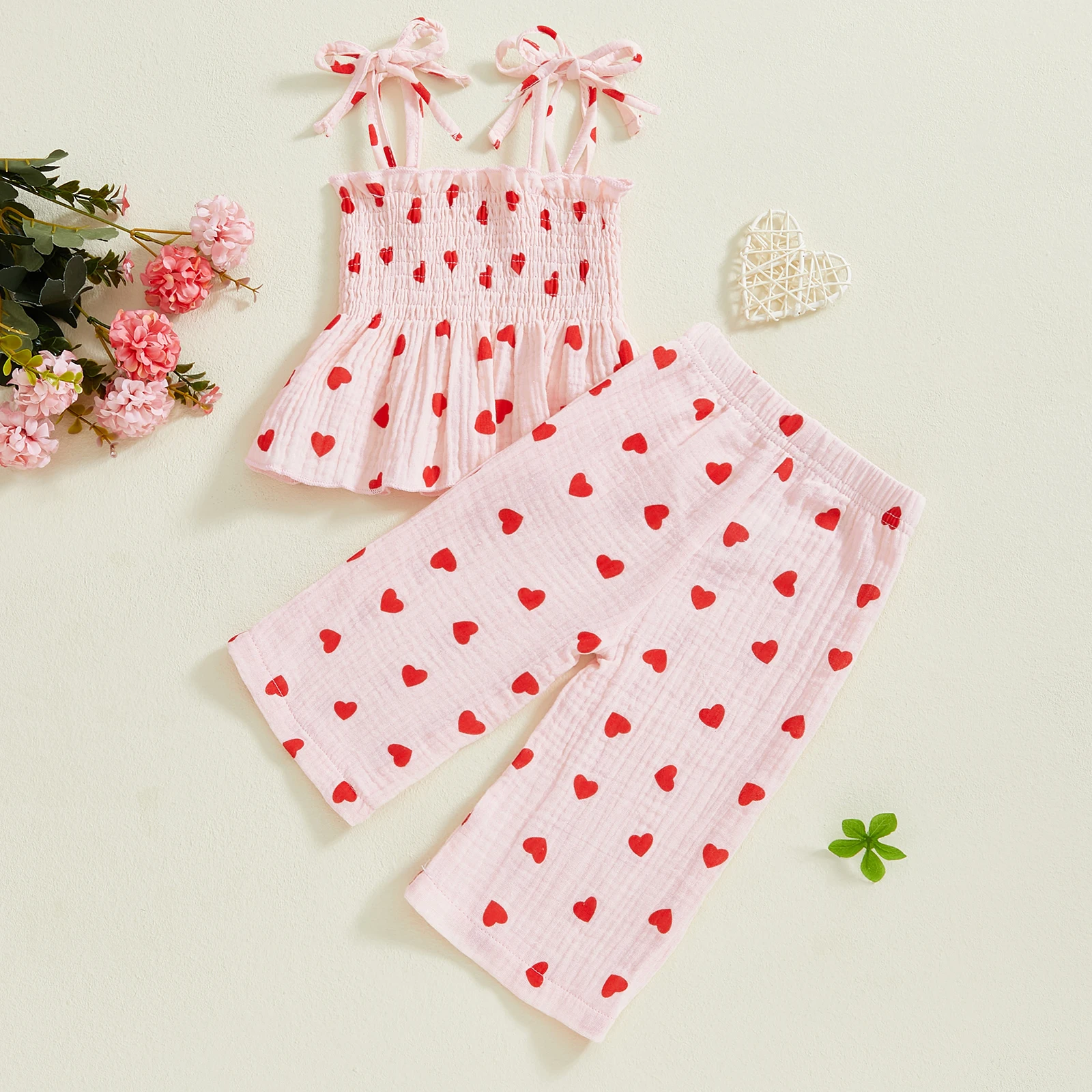 2024-10-08 Lioraitiin Baby Girl Spring Set Sleeveless Smocked Lacing Strap Camisole Elastic Waistband Pants Heart/Bow Outfits