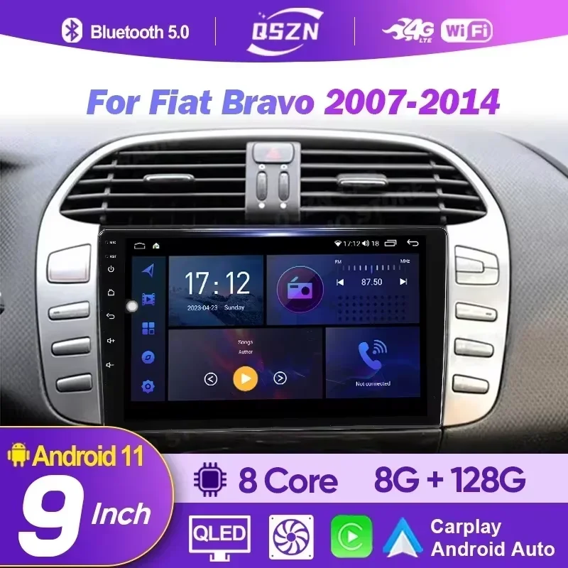 9 inch Car Radio For Fiat Bravo 198 2 II 2007 -2014 Android 12 Carplay Auto Car Multimedia Player 4G Stereo Navigation Head Unit