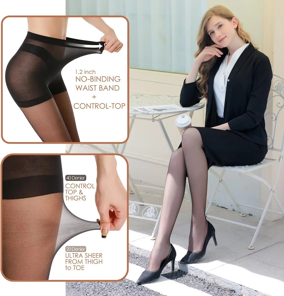 3 Pairs Women's Sheer Tights - 20D Control Top Pantyhose with Reinforced Toes