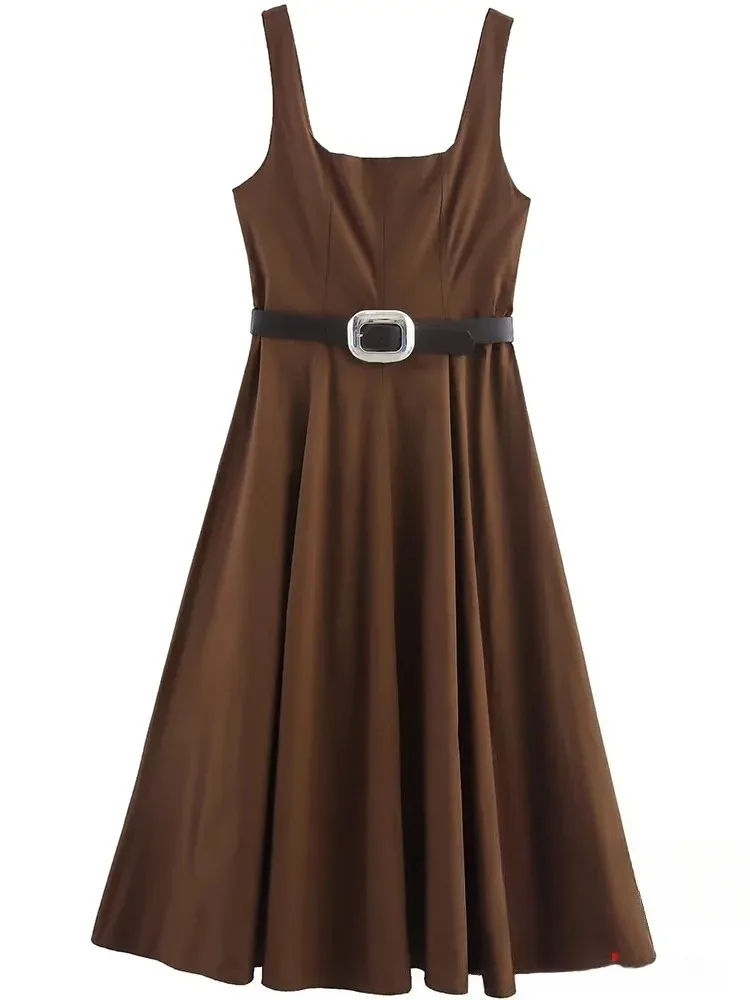 KONDALA Vintage Chic Brown Women Dress Cami Square Collar Belt Women Ruffles Long Dress Fashion 2025 Autumn Holiday Party Dress