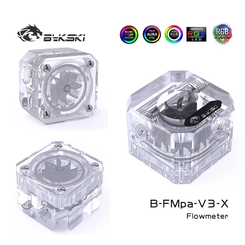 Bykski B-FMpa-V3-X,RGB Cuboid Acrylic Water Flow Meter Flowmeter Monitoring for Computer Water Cooling System