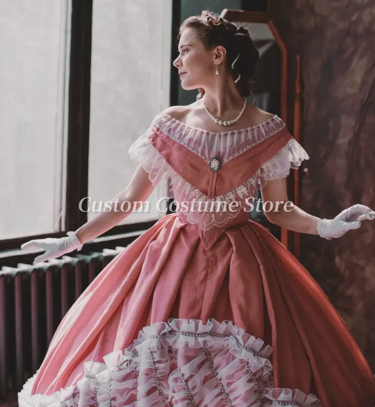 Maßgeschneiderte Vintage-Rosa-Abschlussballkleider, elegantes trägerloses Tudor-Kostüm, mittelalterliche Renaissance-Herzin-formale Abendkleider