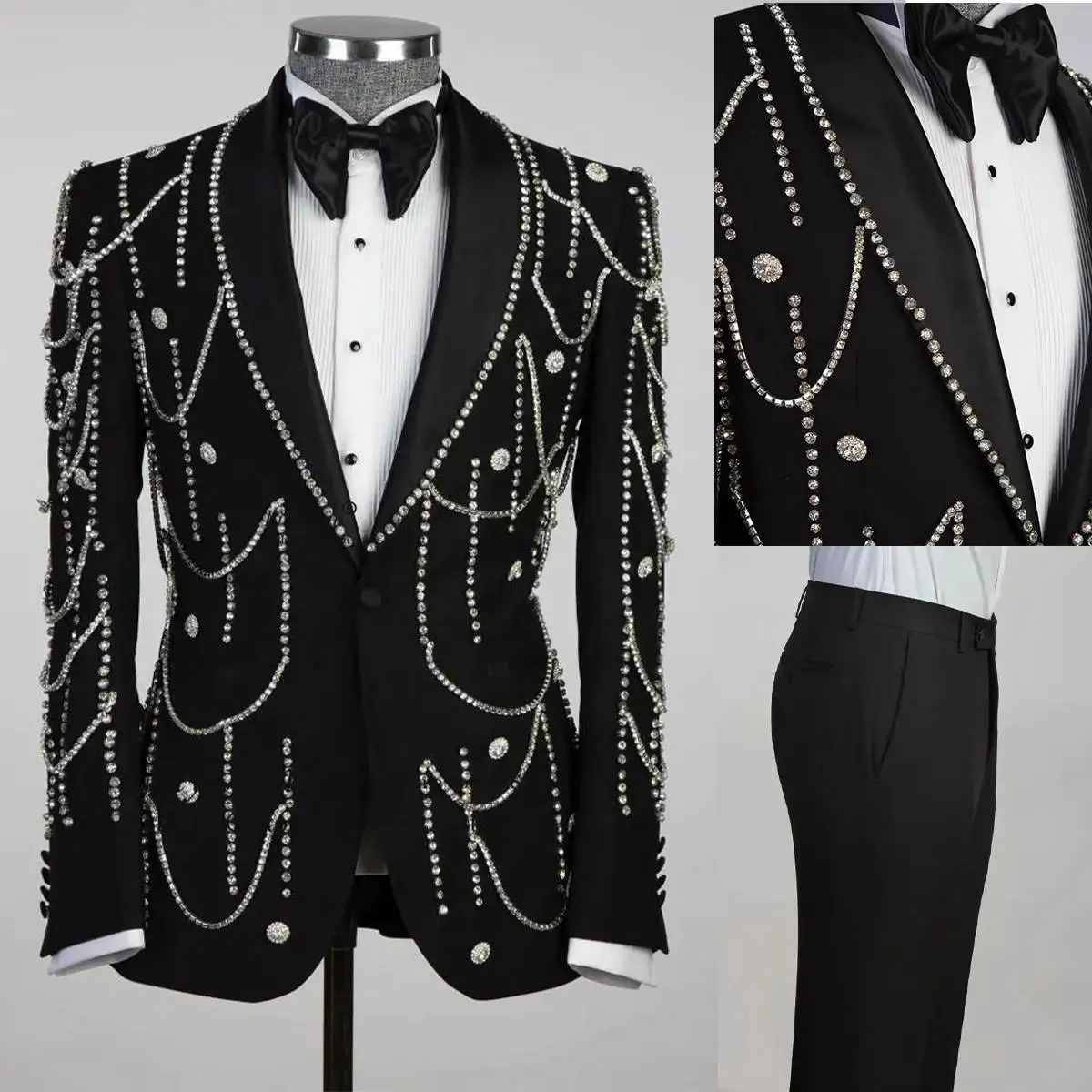 Luxury Men Wedding Suits Shawl Lapel Single Breasted Crystal Chain Tuxedos Groom Party 2 Pcs Blazer Pants Customized