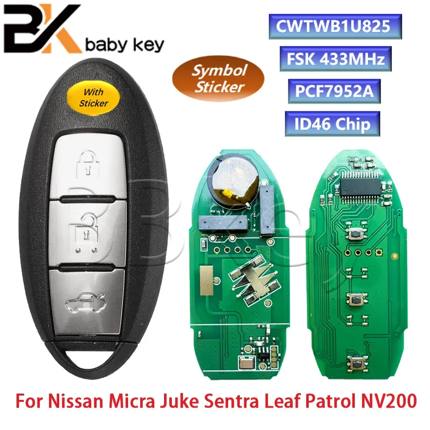 BB Key For CWTWB1U825 ID46 Chip 433Mhz Smart Remote Car Key For Nissan Micra Juke Sentra Patrol Note Navara Tiida NV200 3 Button