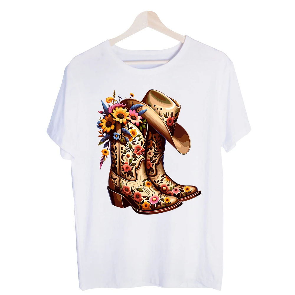 Women's Cowboy Boots with Floral Design Graphic Tee, Western Style Short Sleeve T-Shirt for Casual Daily Wear