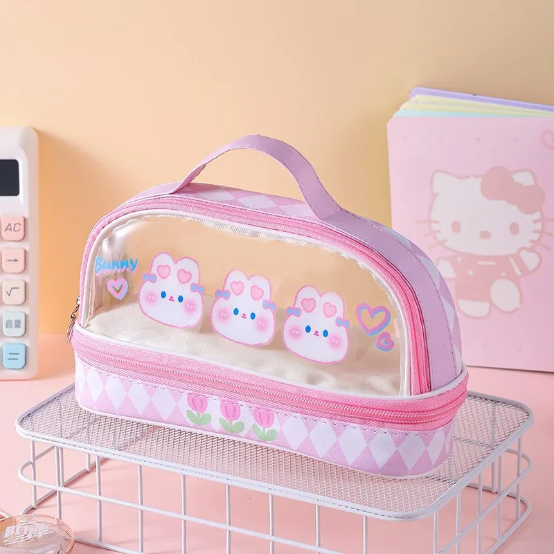 Niedrigstes transparentes Cartoon-Federmäppchen, doppellagiges Design, ideal für Schreibwaren und Make-up von Schulmädchen