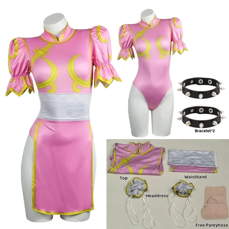 2025 Disfraz de Halloween de Cosplay Juego Fighter Chun Li, Cheongsam rosa con accesorios para cheveux et ceinture, Disfraz