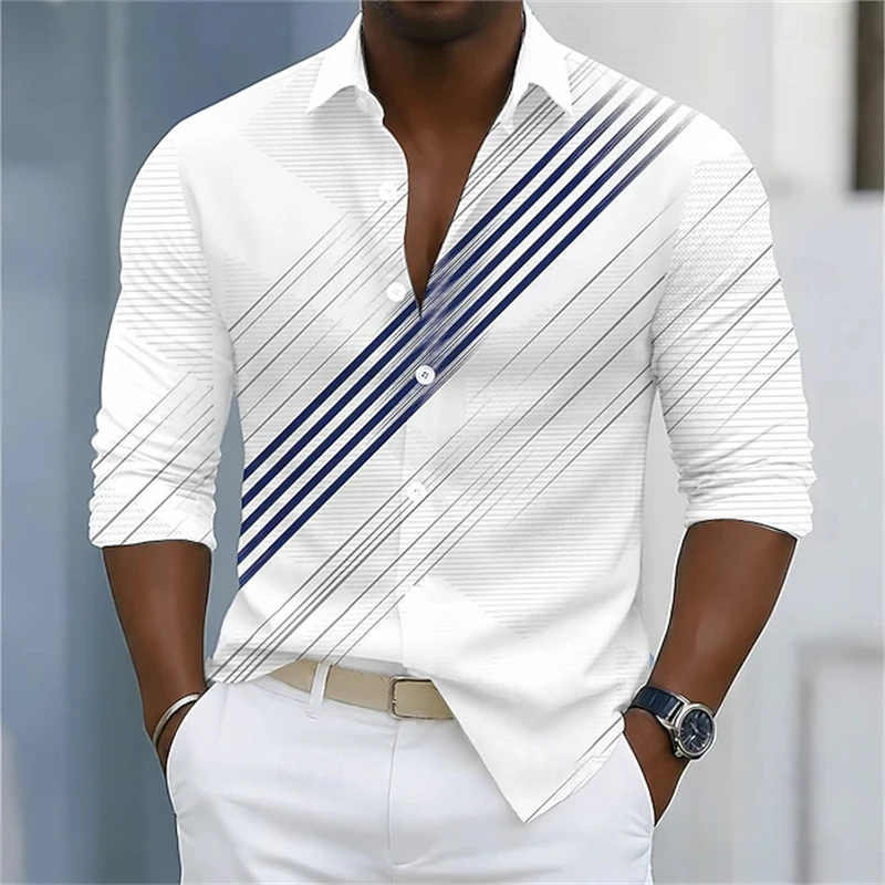 Men's Autumn Long-Sleeve Shirt Minimalist Line Print Button-Down Collar Loose Comfortable Fit Casual Outdoor Street-Style Shirt