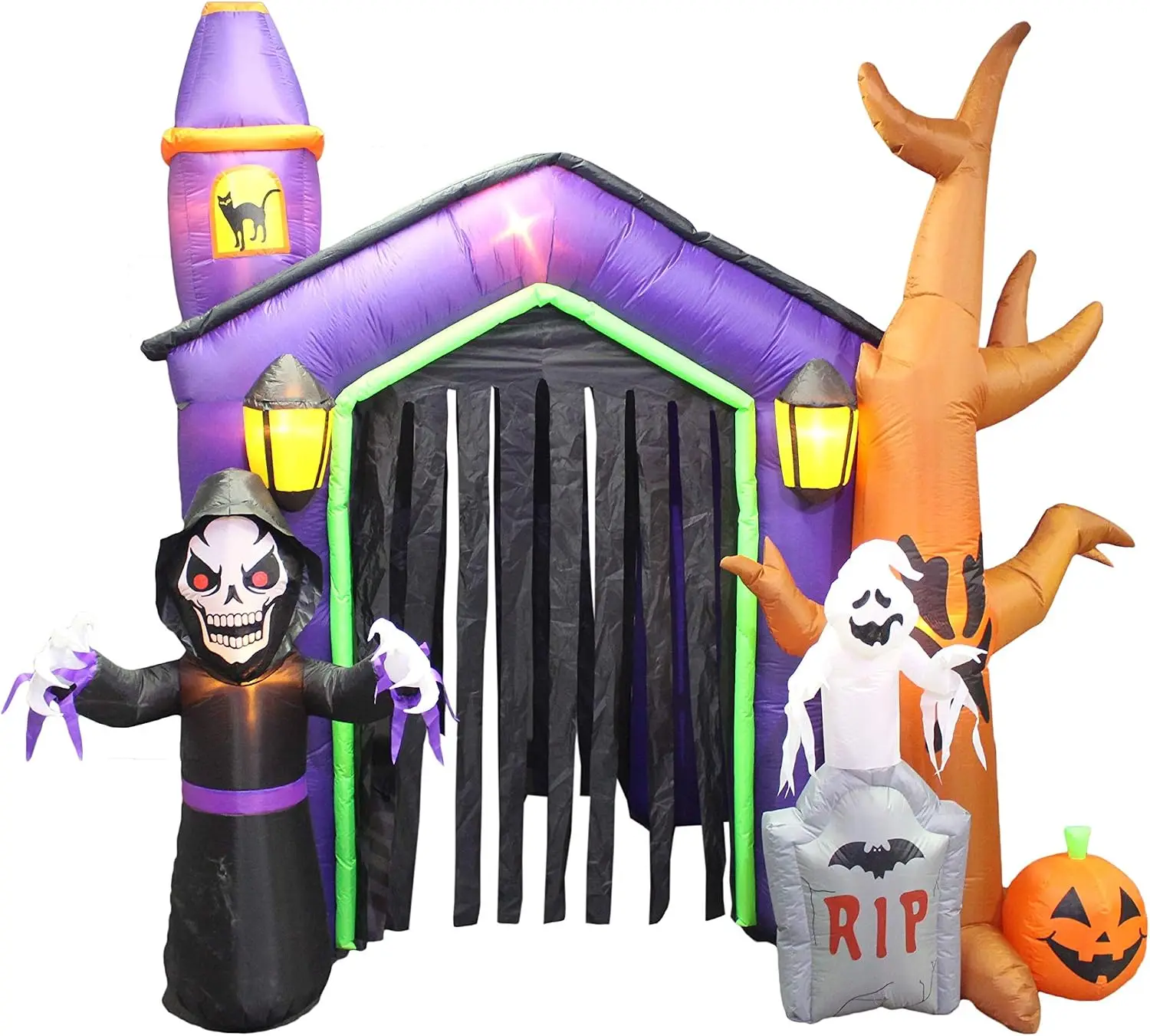 8.5 Foot Halloween Inflatable Haunted House Castle with Skeleton, Ghost & Skulls | Skeleton Ghost Tombstone Pumpkin Lights Blow