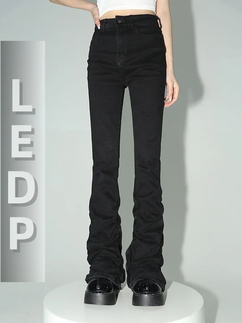 IMU Stacked Flare Jeans Women Black Trousers Goth Retro Solid Stretch High Rise Boot Cut Pants Japanese Korean Y2k Fas