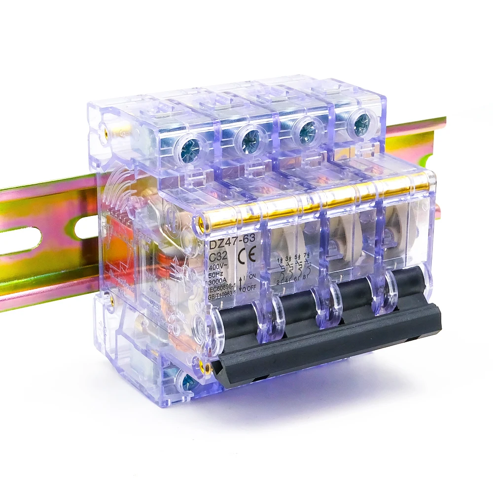 DZ47-63 Transparenter MCB 1P/2P/3P/4P 32A DIN-Schienen-Miniatur-Leistungsschalter 230/400V Kurzschluss- und Überlastschutz für Zuhause