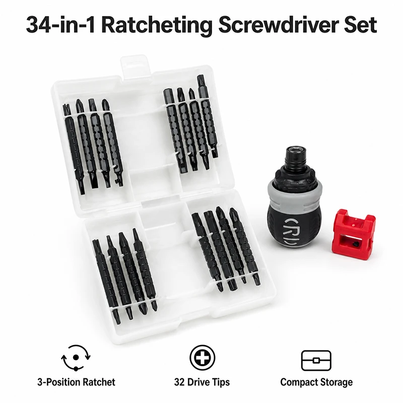 34Pcs Ratchet Screwdriver Set Double Ended Steel Bits Labor Saving Multi Tool with Storage Case for Home Repair Furniture DIY