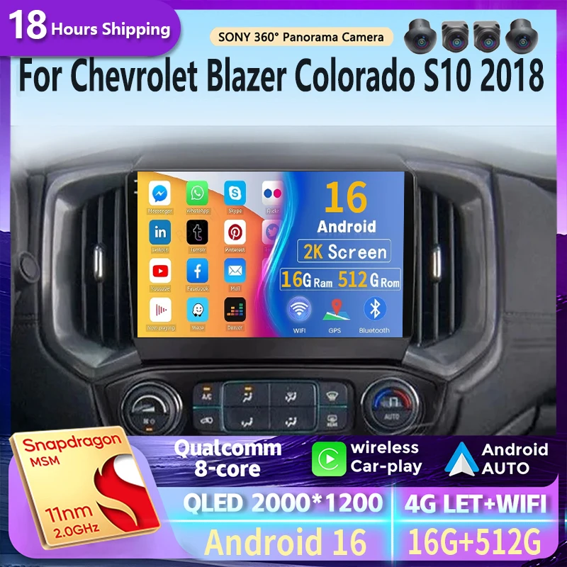 Radio Multimedia para Auto con Pantalla 2K y Android 16 Carplay para Chevrolet Blazer Colorado S10 2018, Autoradio Estéreo