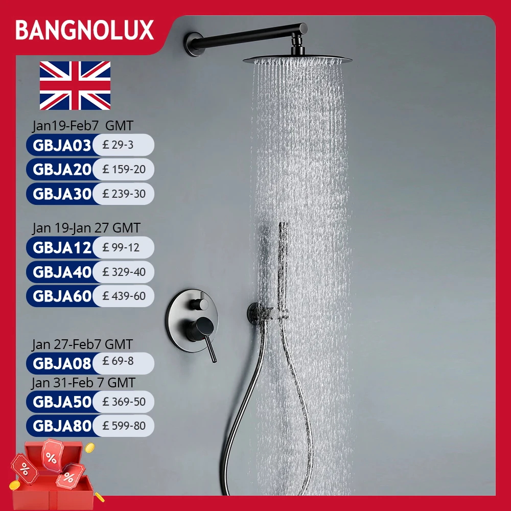 Bagnolux Gun Gray Bath Shower Set Brass Head Rianfall Luxury Combo Wall-Mount Arm Hot And Cold Mixer Diverter Bathroom Faucet