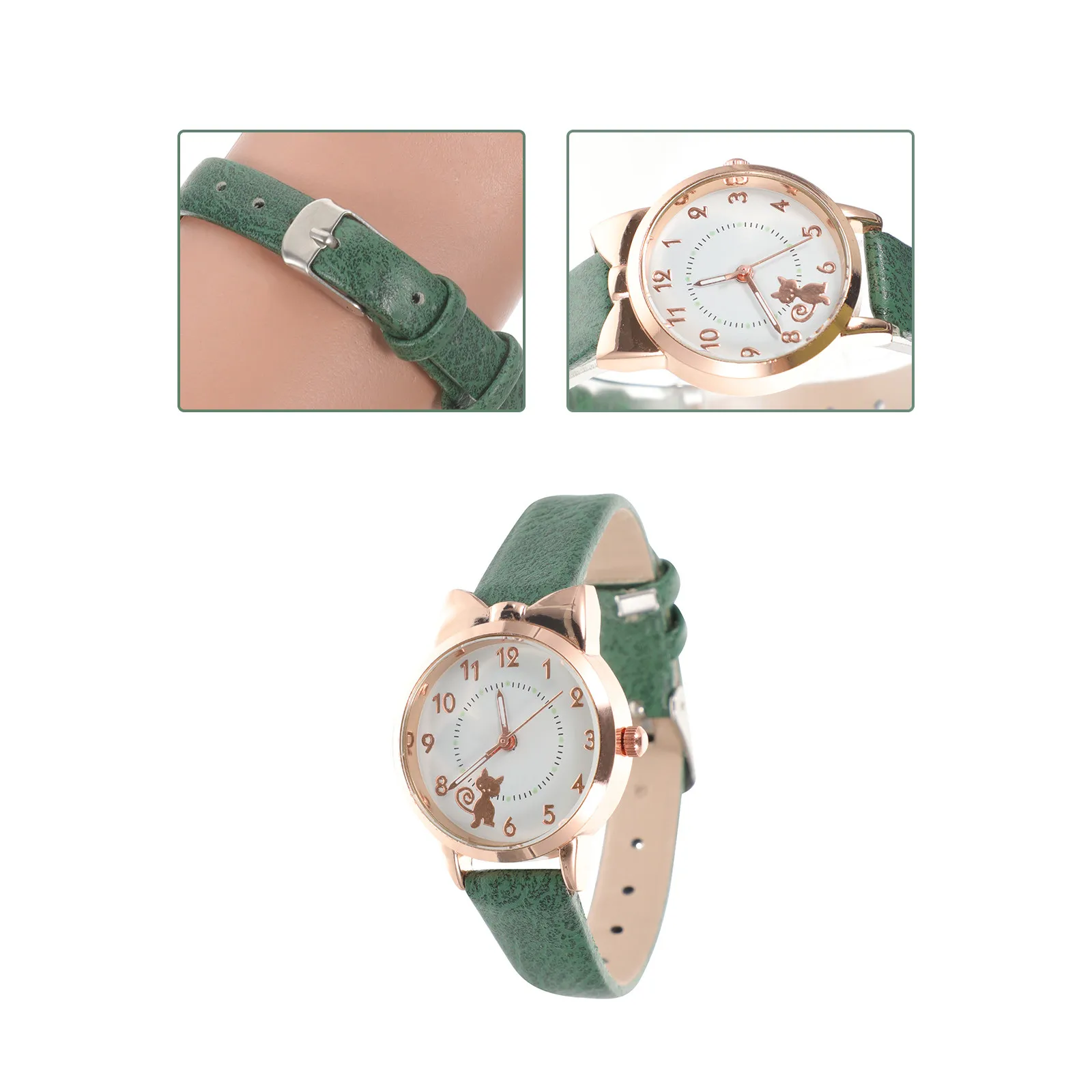 1Pcs Night Light Quartz Watch Cartoon Kitten Style Girls Strap Wristwatch Fashion Cute Quartz Watch Luminous Watches