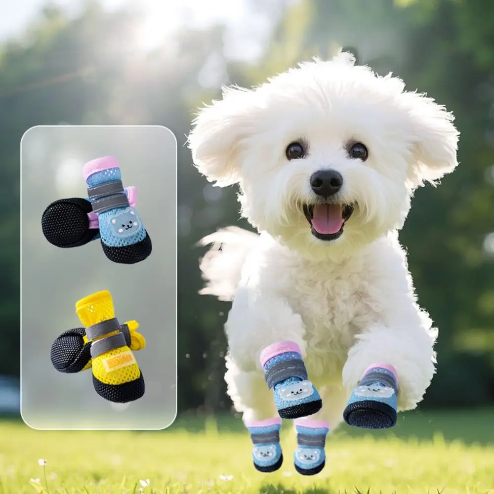 4Pcs/Set Breathable Dog Mesh Shoes Reflective Wear-resistant Dog Paw Protectors Adjustable Anti-Slip Dog Boots for Cats and Dogs