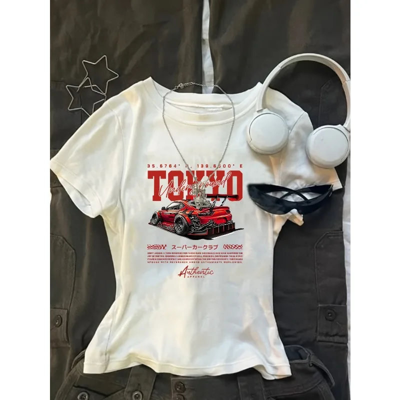 Creative and Trendy Racing Pattern Printed T-shirt for Women's Slim Fit T-shirt, Summer New Casual and Fashionable T-shirt