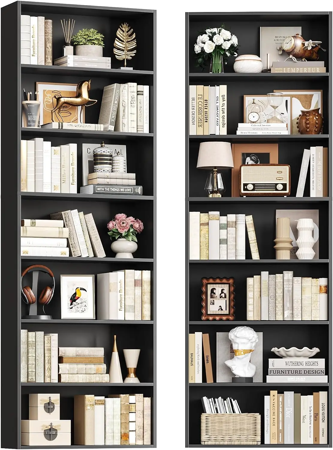 Tall Open Bookshelf Storage Display Shelving Unit For Living Room Home Office, Multi Tier Standing Organizer Rack Freestanding Narrow Tower, Modern Minimalist Style, Black Color, 1 Piece