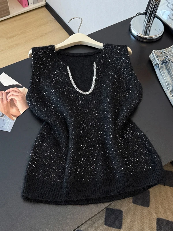 Heavyweight Shiny Sequin V-Neck Knitted Vest Women's Layering Short Style Spring Autumn plus Size Design Sense Shoulder Top
