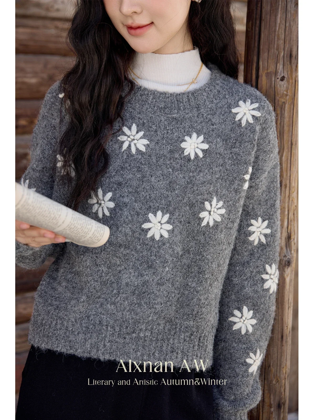 ALXNAN Women Winter Warm Sweaters Soft O-neck Drop Long Sleeve Snowflake Pattern Pullovers 2024 New Knitted Jumper Female L52383