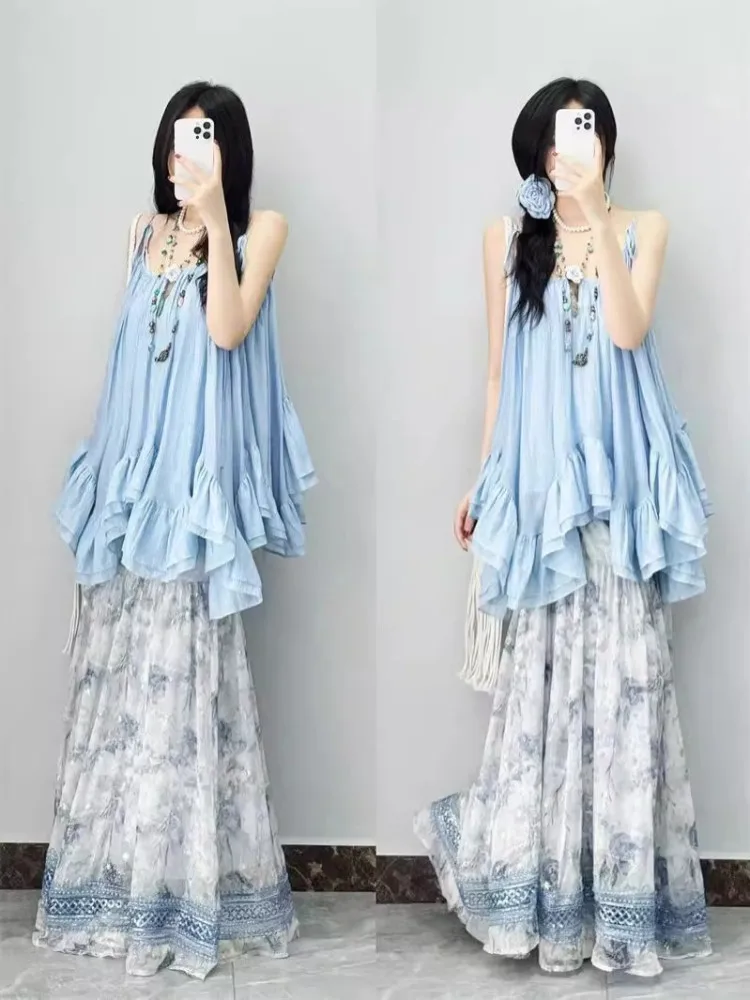 Bleu ter haut Bot ensemble femmes Unique belle plage fée T f jupe deux pièces ensemble ort Sve rond Ne