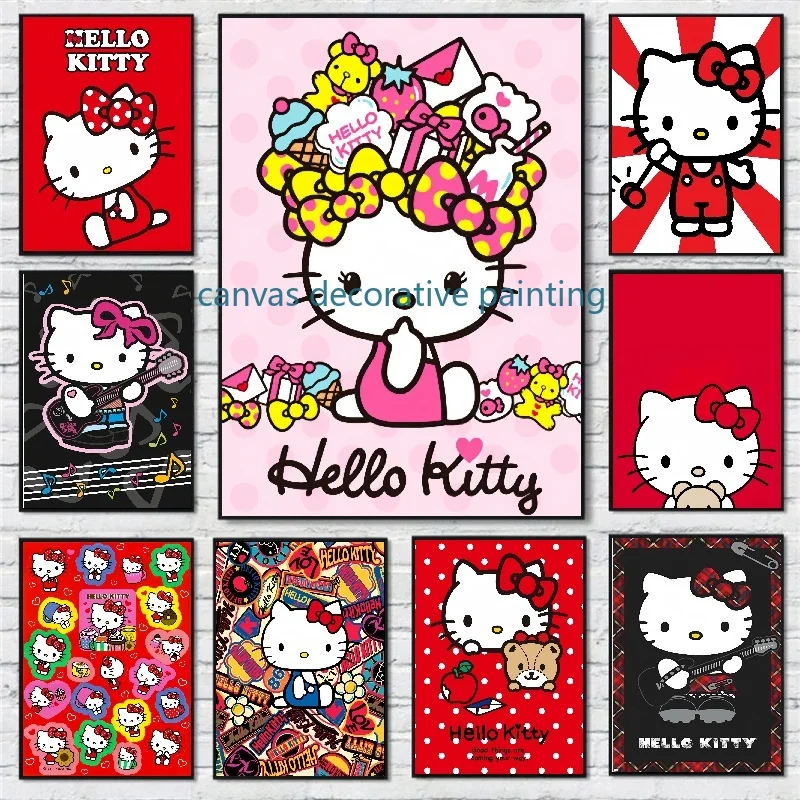 Sanrio-Hello Kitty HD Canvas Pintura Cartaz, Desenhos Animados Japoneses Anime, Quarto de Crianças, Home Art Decoration, Menina, Kids Birthday Gift