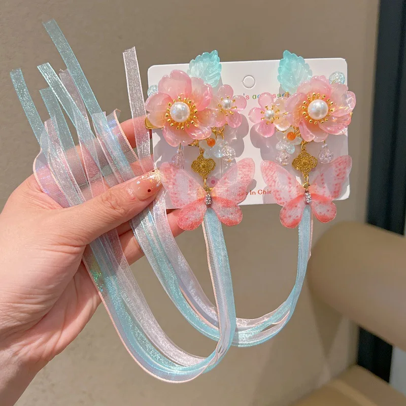 Girls Pink Hair Accessories Blue Ribbon Long Tassel Hairpins Crystal Beads Peals Flower Hair Clips Retro Chinese Hair Jewelry