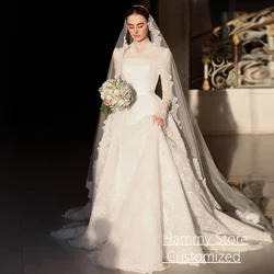 Gorgeous Church Wedding Dresses Customized Full Sleeves V Neck Back Zipper Buttons Sweep Train Arabic Lace Bridal Gown for Bride