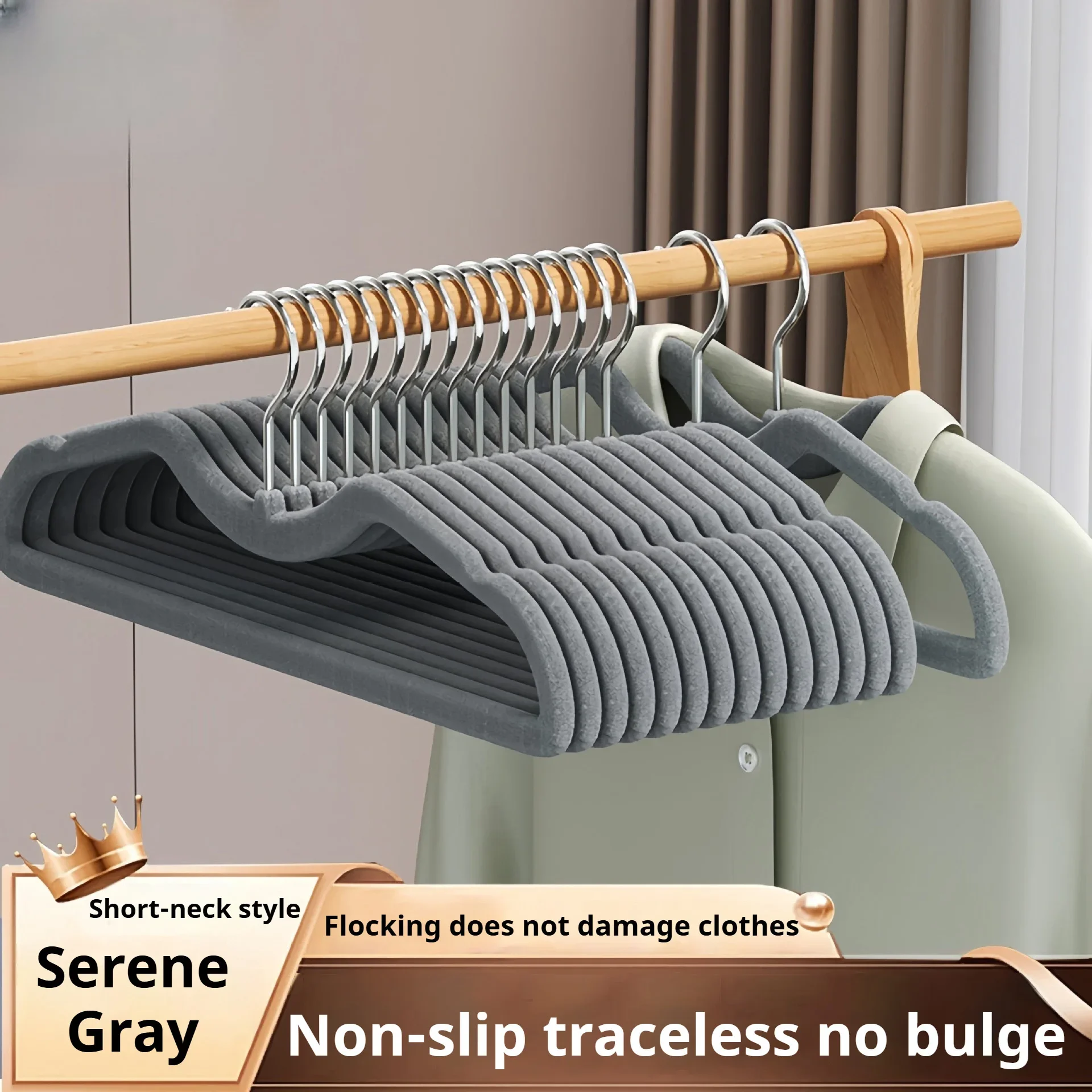 Flocking Hanger with Short Neck, Non-Slip, Traceless, Anti-Shoulder Angle, Narrow Home Wardrobe, Space Saving and Neck Reduction