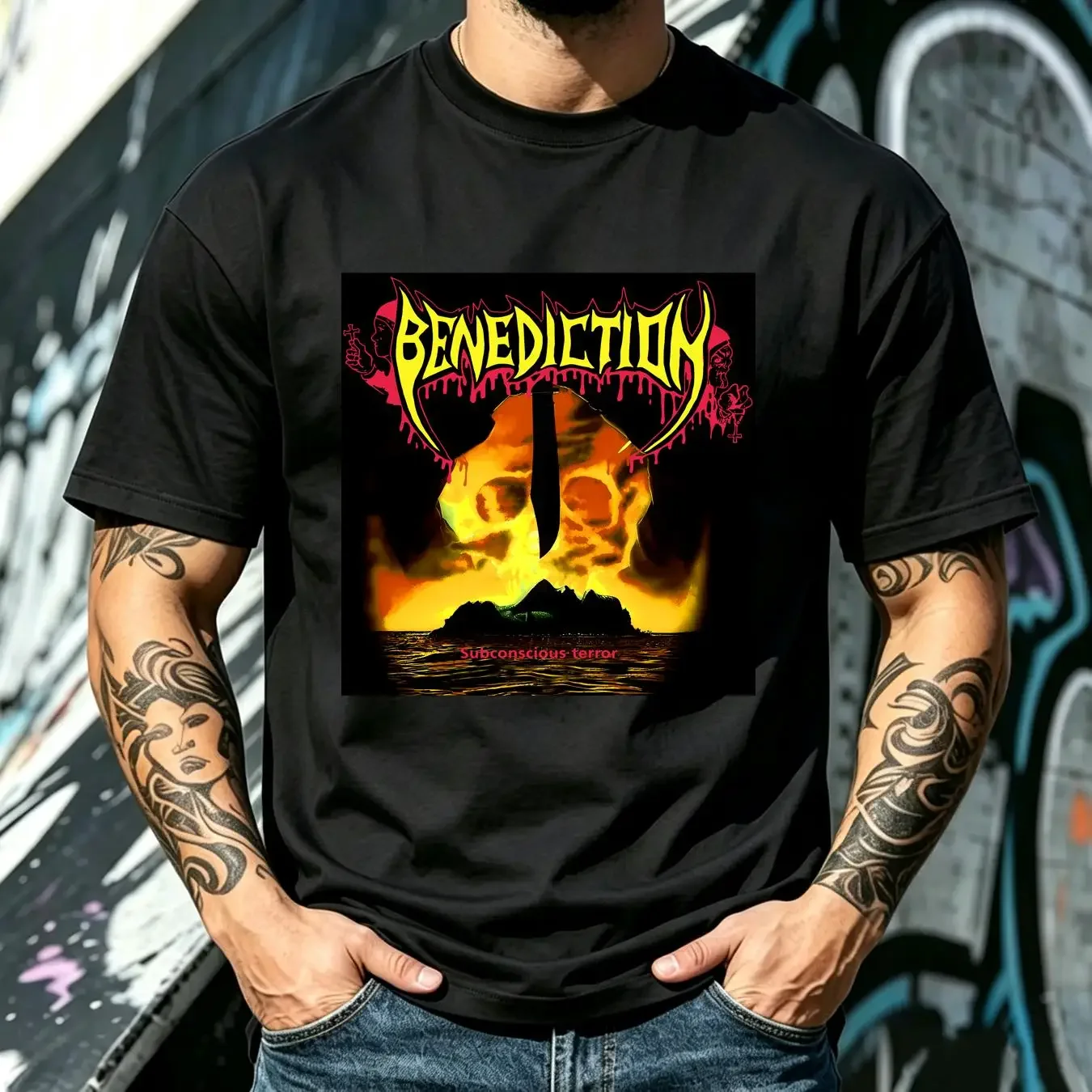 washed T Shirt Benediction Subconscious Terror Album Cover Black Men S 234XL J764 long or short sleeves vintage Washed