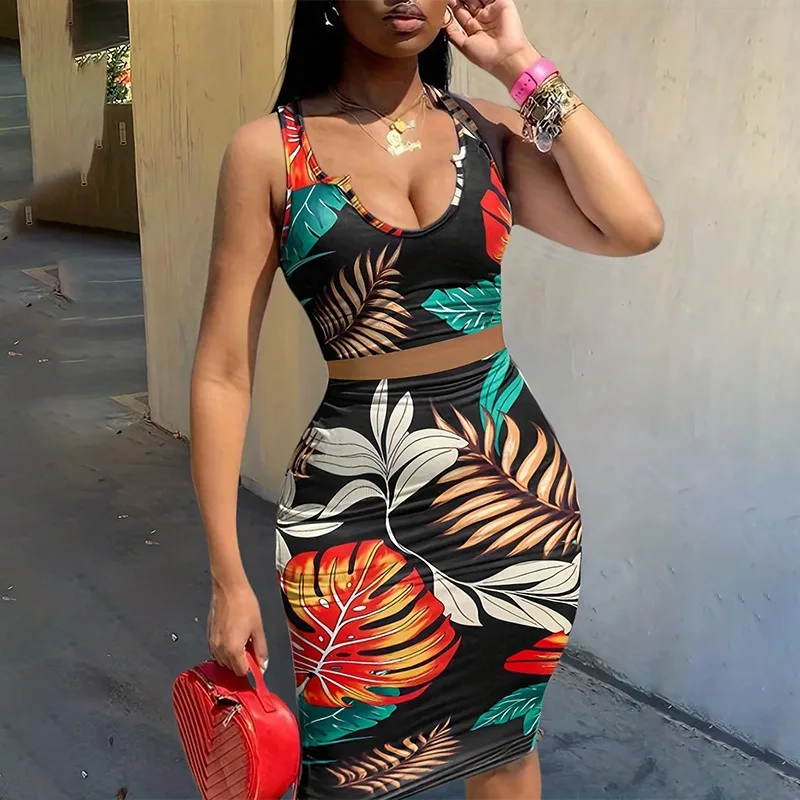 

Summer Sexy Spicy Girl Printed Cami Top & Skirt Set Temperament Commuting Female Clothes 2024 New Fashion Women's Skirts Outfits