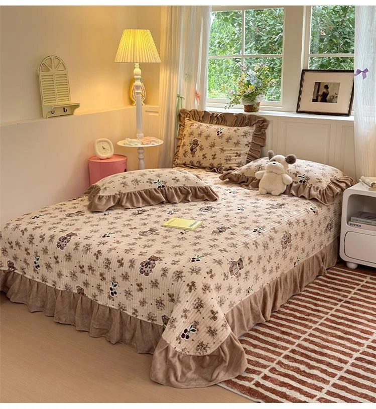 Milk Fleece Winter Princess 4pcs Bedding Sets Girls Lacework Warm Quilt Cover Thickened Bedspread for Women Bedroom