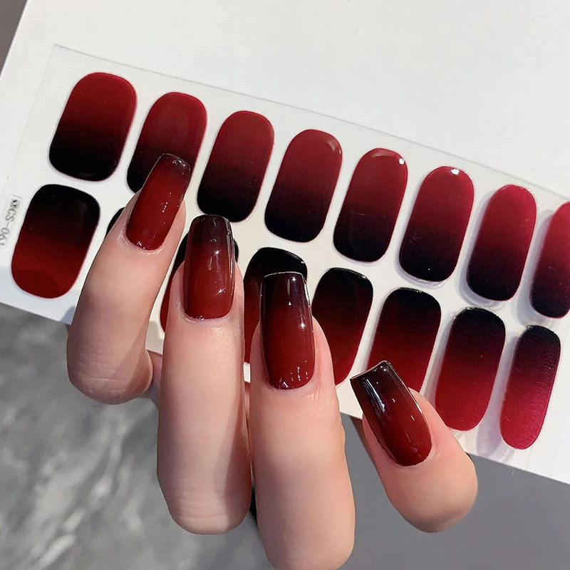 16枚/シート セミキュアジェルネイルポリッシュステッカー 長持ちエクステンションクリームネイルデカール フルカバーグラデーションカラー キュアスライダー