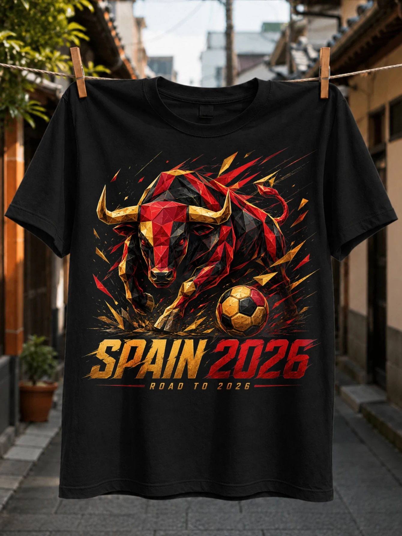 T-shirt noir Espagne 2026 : Le chemin vers 2026, illustration de taureau rouge et doré angulaire avec thème football, design graphique sportif géométrique dynamique
