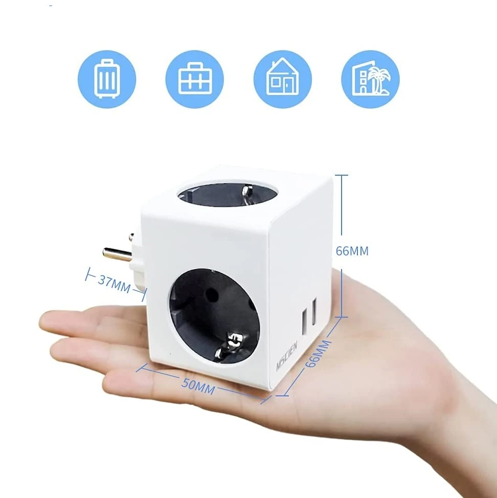 MSCIEN EU Plug Adaptor Surge Protected Cube Multi Plug Extension Wall Socket with USB Charging Ports European Smart Power Strip