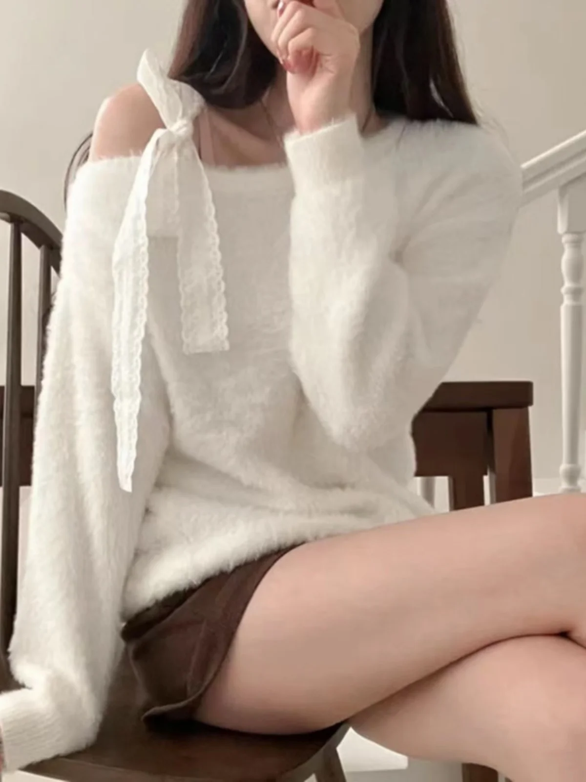 

Korean Sle Soft oulder Bared Sweater Women's Winter Loose Lazy Sle Mosaic Design High Quali Top