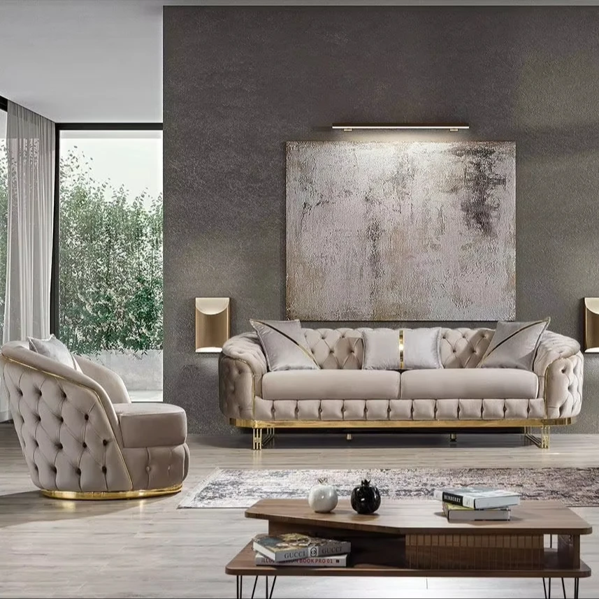 Luxury Modular Fabric Sofa Set Home Hotel Stainless Steel Velvet Button Tufted Upholstered Couch Sectional Living Room Sofas