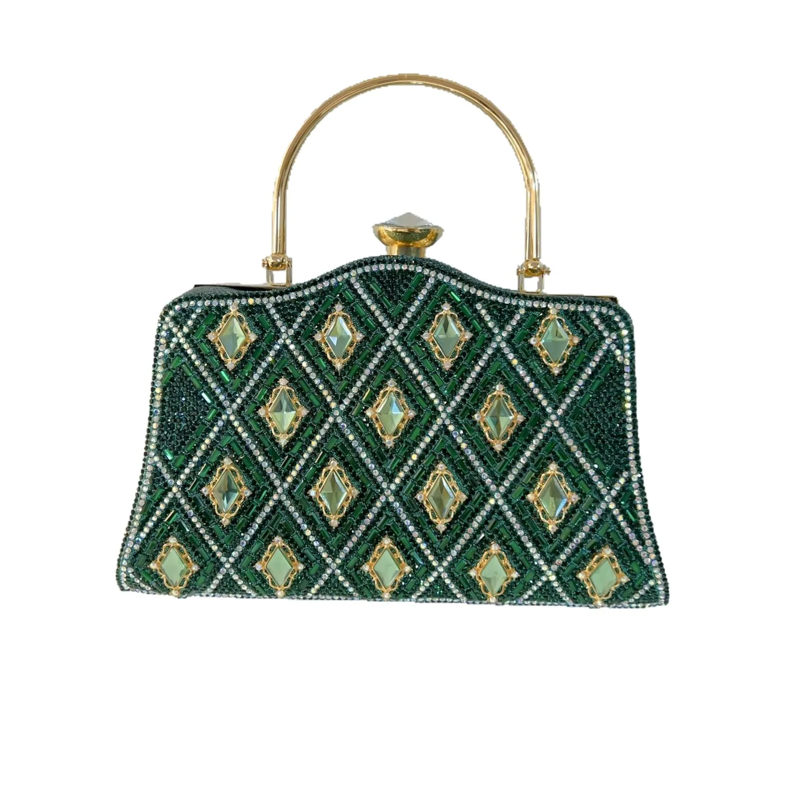 2026 Emerald Green Rhombus Green Crystal Gold Line Metal Ring Handle Clutch Women Unique Glam Evening Handbag For Runway Wedding