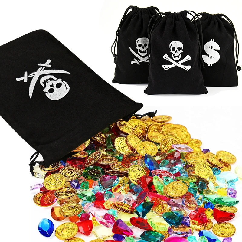 5Pcs Pirate Loot Bags Pirate Treasure Drawstring Bags For Halloween Custume Decoration Gift Bag Candy Jewelry Goodie Pocket